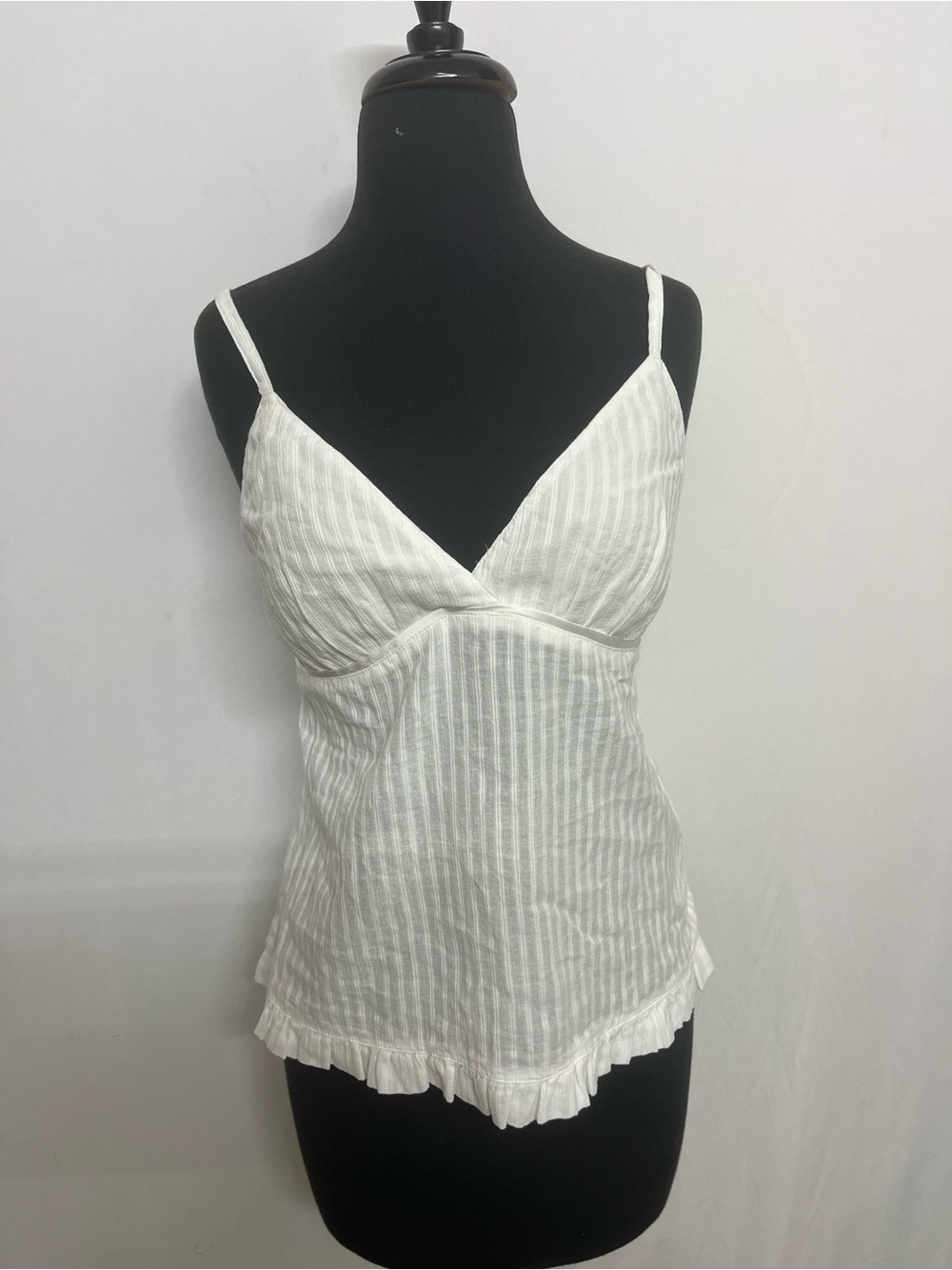 Hollister White Striped Ruffle-Hem Spaghetti Strap Camisole